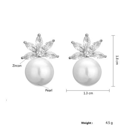 Bridal Fashion Pearl Stud Earrings  Cubic Zirconia Leaf Flower Earrings