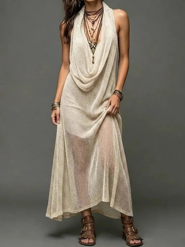 Solid Loose Elegant Maxi Dress Women's Summer Sleeveless Halter Patchwork Beach Style Holiday Fashion Simple Ladies Party Dress by Adornity