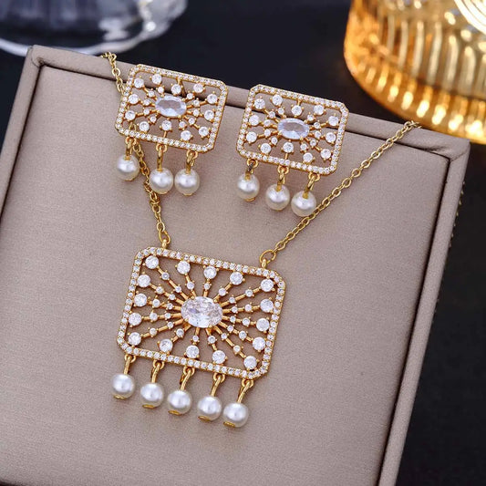 Square Hollow Cubic Zirconia Crystal Bridal Necklace and Earrings Set