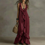 Women's Boho Ruffle Irregular Hem Maxi Dress Spring Deep V Neck Loose Party Long Dresses New Summer Sleeveless Solid Beach Dress by Adornity