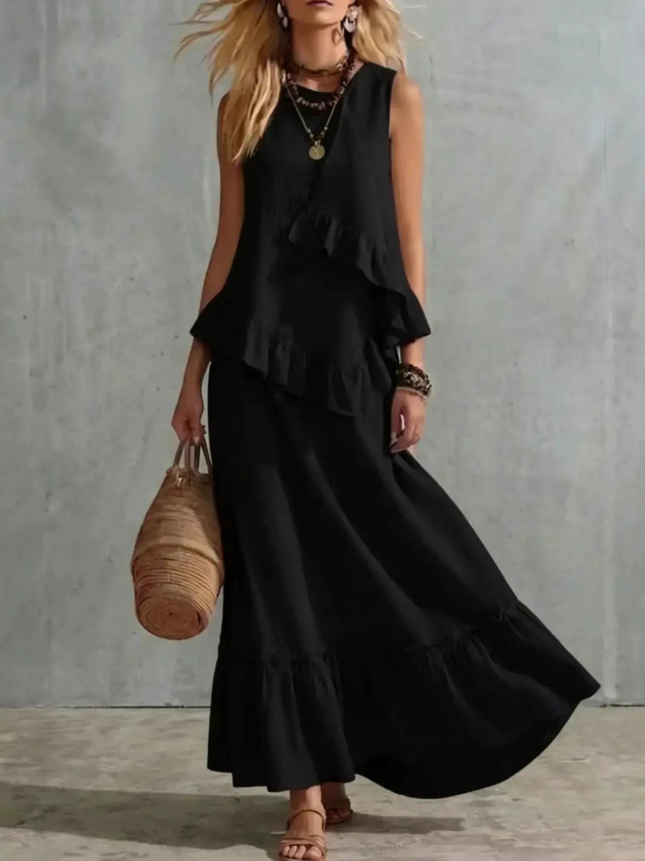 Women's Two-piece Sleeveless Irregular Ruffle Top Long Skirt 2026 Summer Cotton And Linen Fashion Casual Loose Solid Color Suit by Adornity