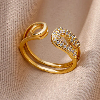 Gold Stainless Steel Hollow Out Ring with Crystal Zircon