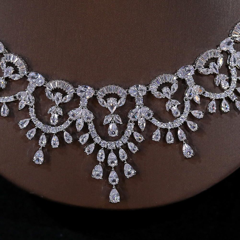 Elegant Cubic Zirconia Bridal Necklace and Earrings Set for Wedding