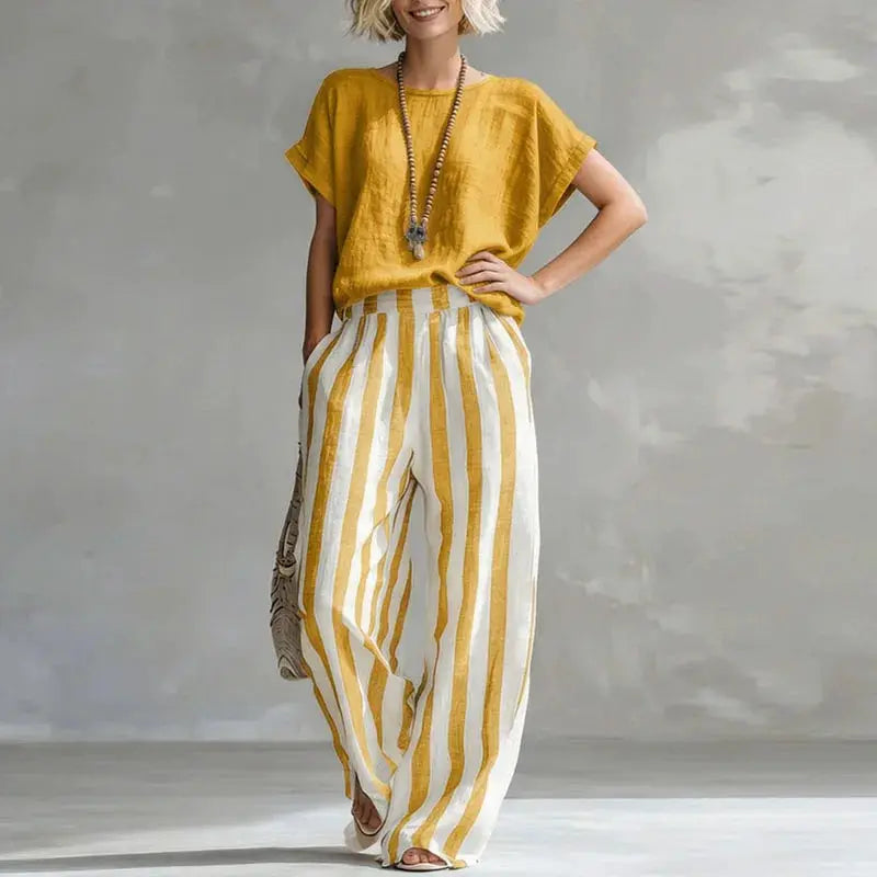 Sexy Crew Collar Top T-shirts Wide Leg Trousers Suit Woman Spring Striped Print Cotton Linen Set Summer Short Sleeve Boho Outfit by Adornity