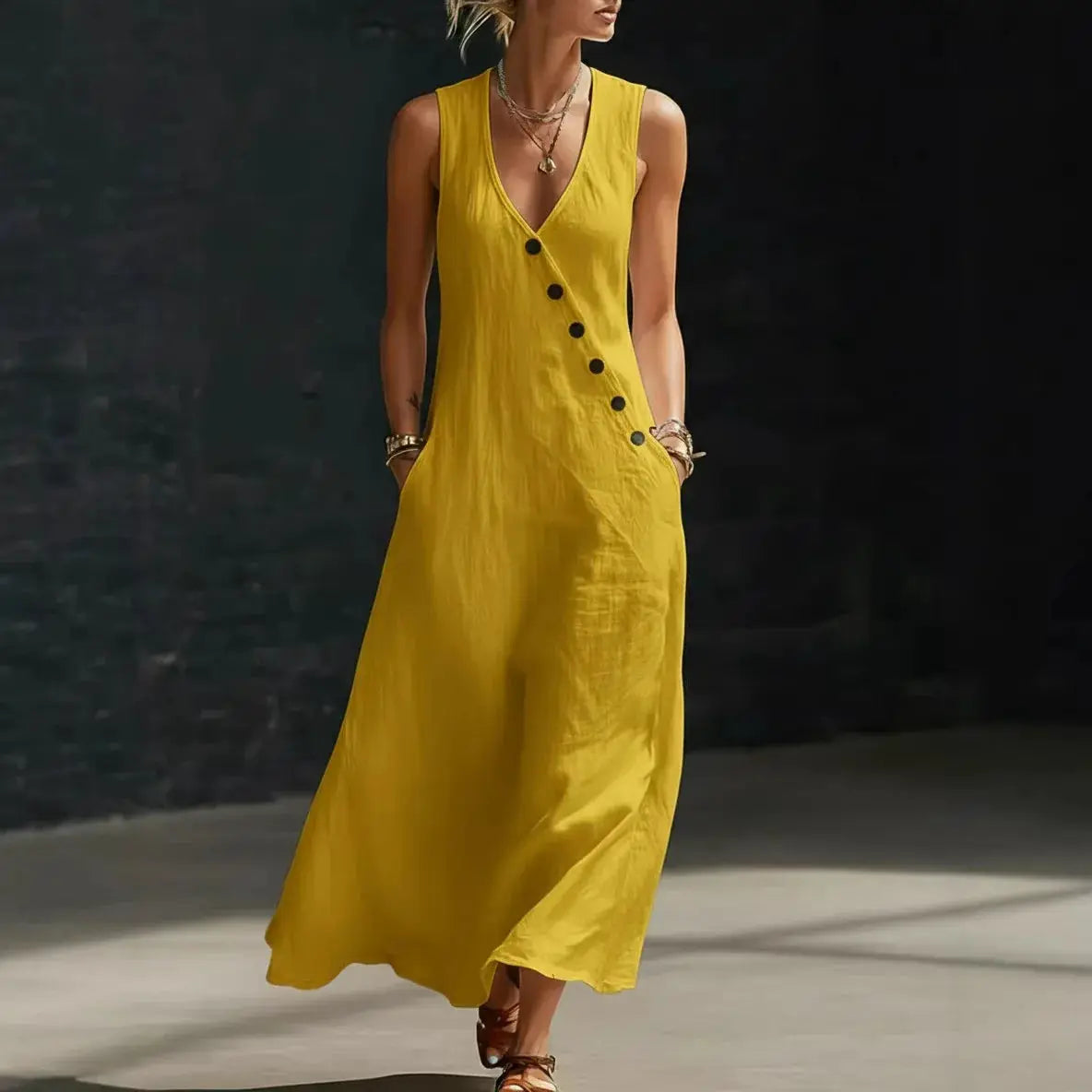 Casual Sleeveless Loose Maxi Dress Women Summer 2026 Fashion Solid Color V-neck Holliday Long Dresses Elegant by Adornity
