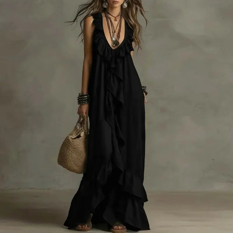 Women's Boho Ruffle Irregular Hem Maxi Dress Spring Deep V Neck Loose Party Long Dresses New Summer Sleeveless Solid Beach Dress by Adornity