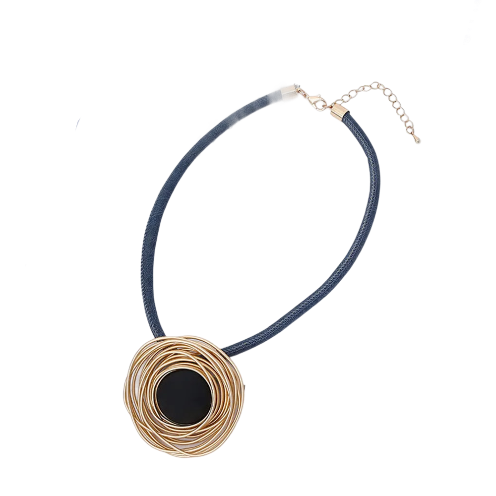 a black and gold necklace with a black circle on it