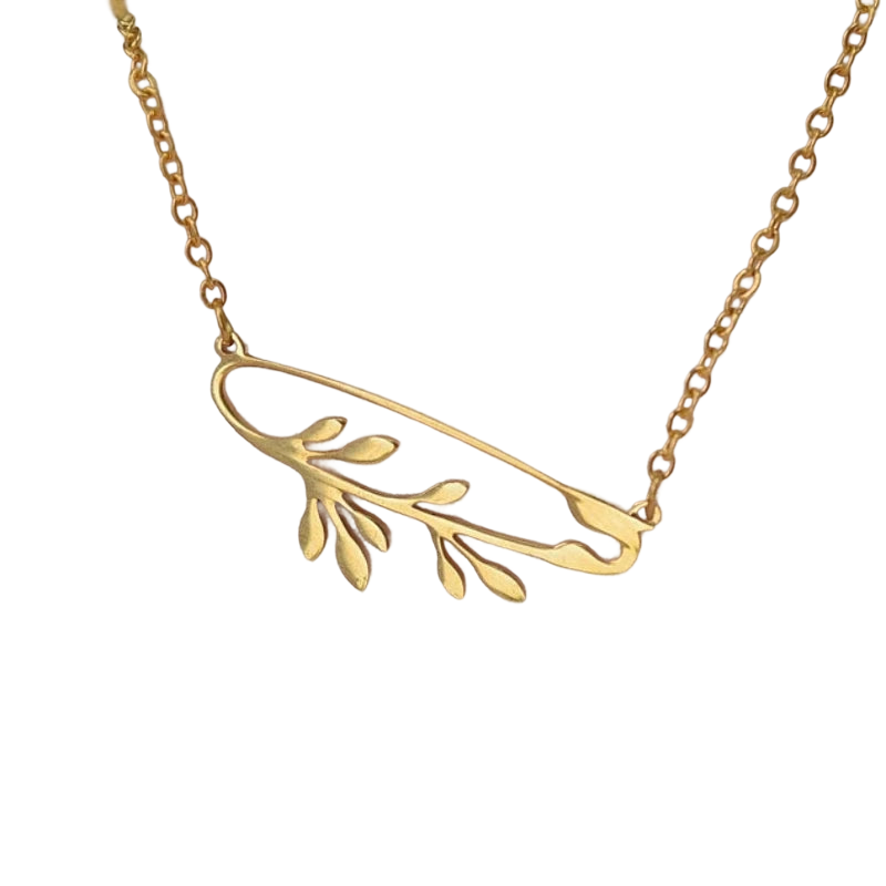 a gold necklace with leaves on it