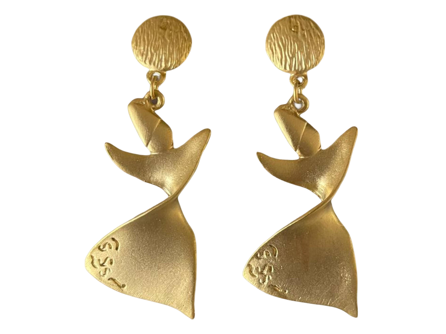 a pair of gold earrings with a bird design