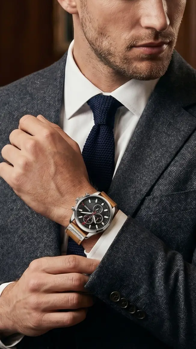 Mens Quartz Chronograph Watch Leather Limited Edition by Adornity