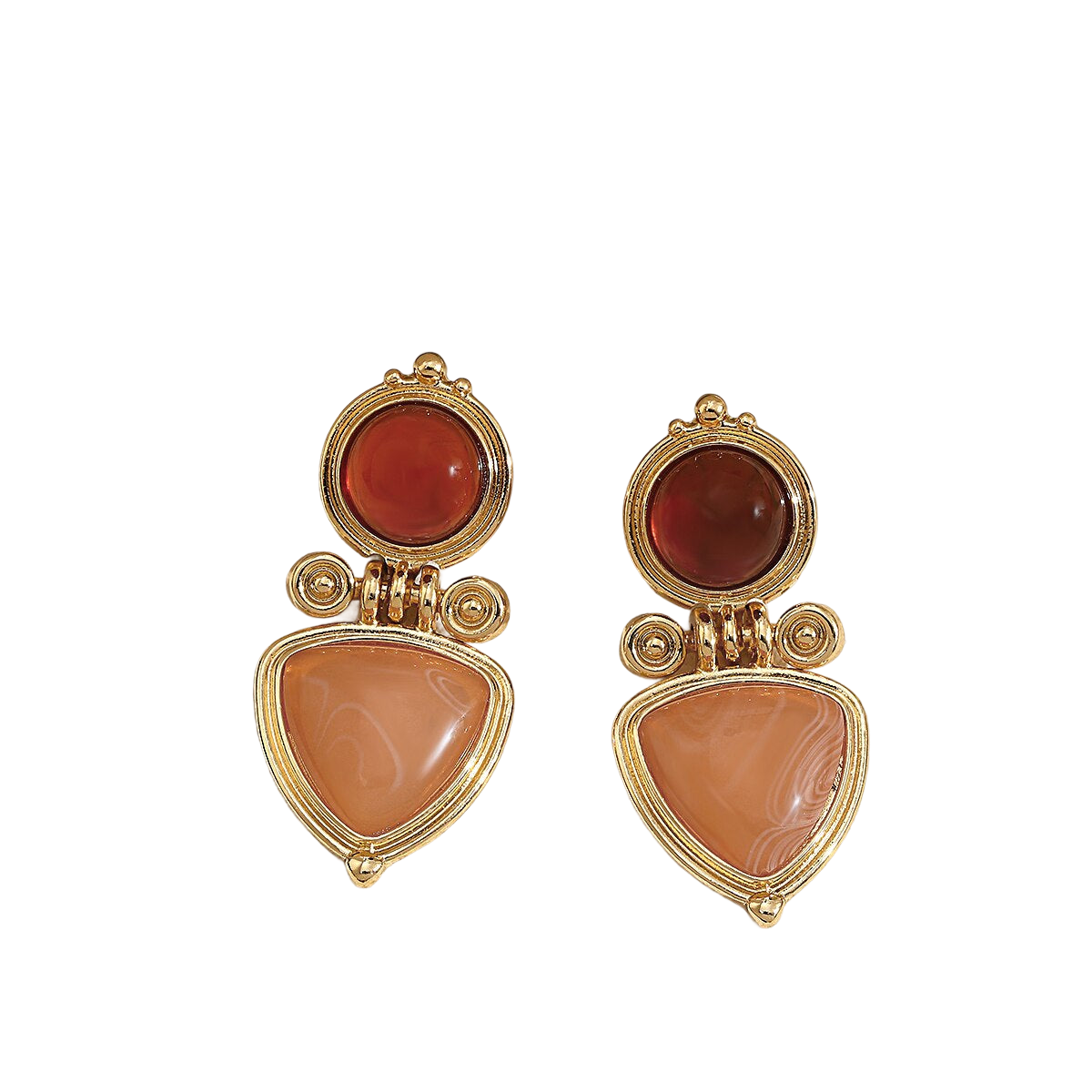 a pair of gold and coral earrings