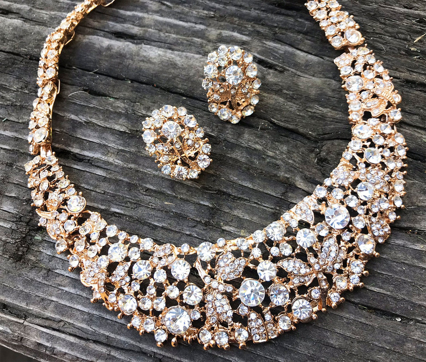 Gold Rhinestone Bridal Jewelry Set - Chunky Statement Necklace Earrings  Bracelet