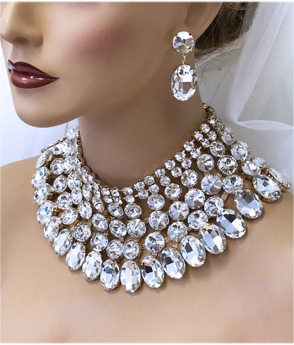 Wedding Chunky Crystal Bib Necklace Earrings Jewelry Set