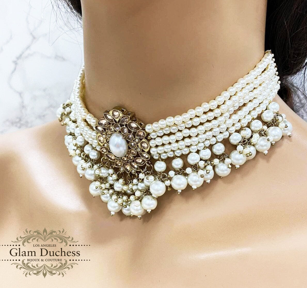 Victorian Pearl Jewelry Set - Bridal Choker Necklace  Earrings