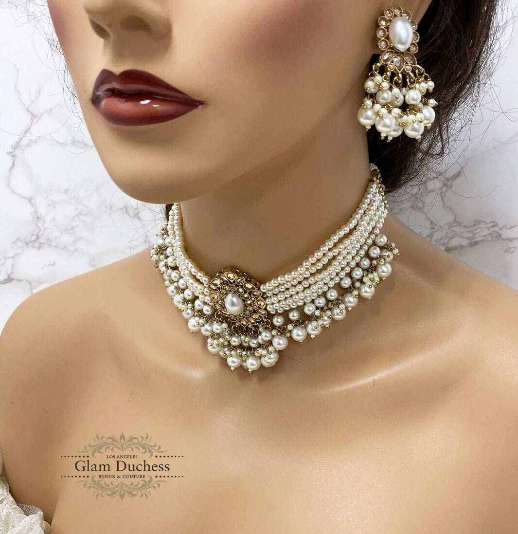 Victorian Pearl Jewelry Set - Bridal Choker Necklace  Earrings