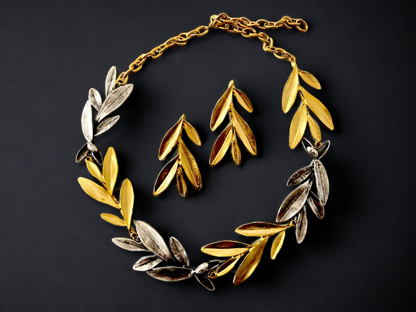 Gold Plated Olive Leaf Jewelry Set - Bohemian Necklace and Earrings Unique Gift