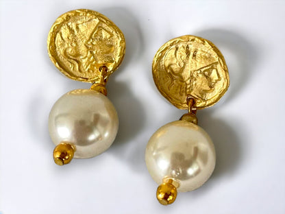 Gold Plated Pearl Dangle Earrings - Handmade Byzantine Greek Coin Drop Earrings