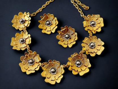 Gold Plated Flower Necklace Earrings Set - Handmade Unique Jewelry Gift for Her