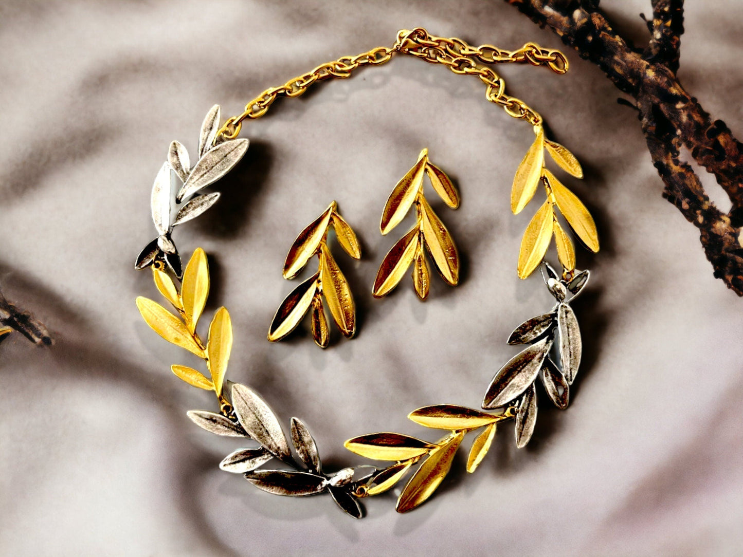 Gold Plated Olive Leaf Jewelry Set - Bohemian Necklace and Earrings Unique Gift