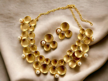 Unique Handmade Gold Necklace Earrings Chunky Pearl Jewelry Set