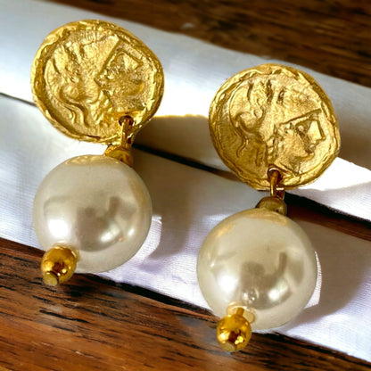 Gold Plated Pearl Dangle Earrings - Handmade Byzantine Greek Coin Drop Earrings