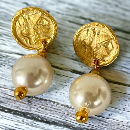 Gold Plated Pearl Dangle Earrings - Handmade Byzantine Greek Coin Drop Earrings