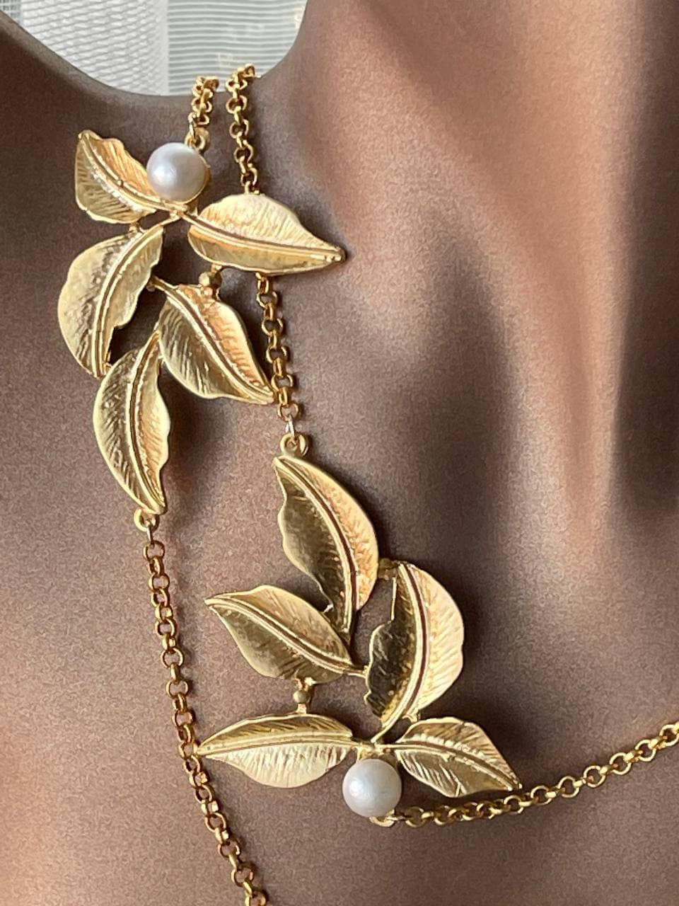 Gold Plated Leaf Necklace and Earrings Set - Modern Pearl Jewelry Gift for Her