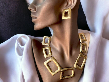 Chunky Gold Plated Jewelry Set - Bold Bib Necklace  Earrings Perfect Birthday Gift for Her