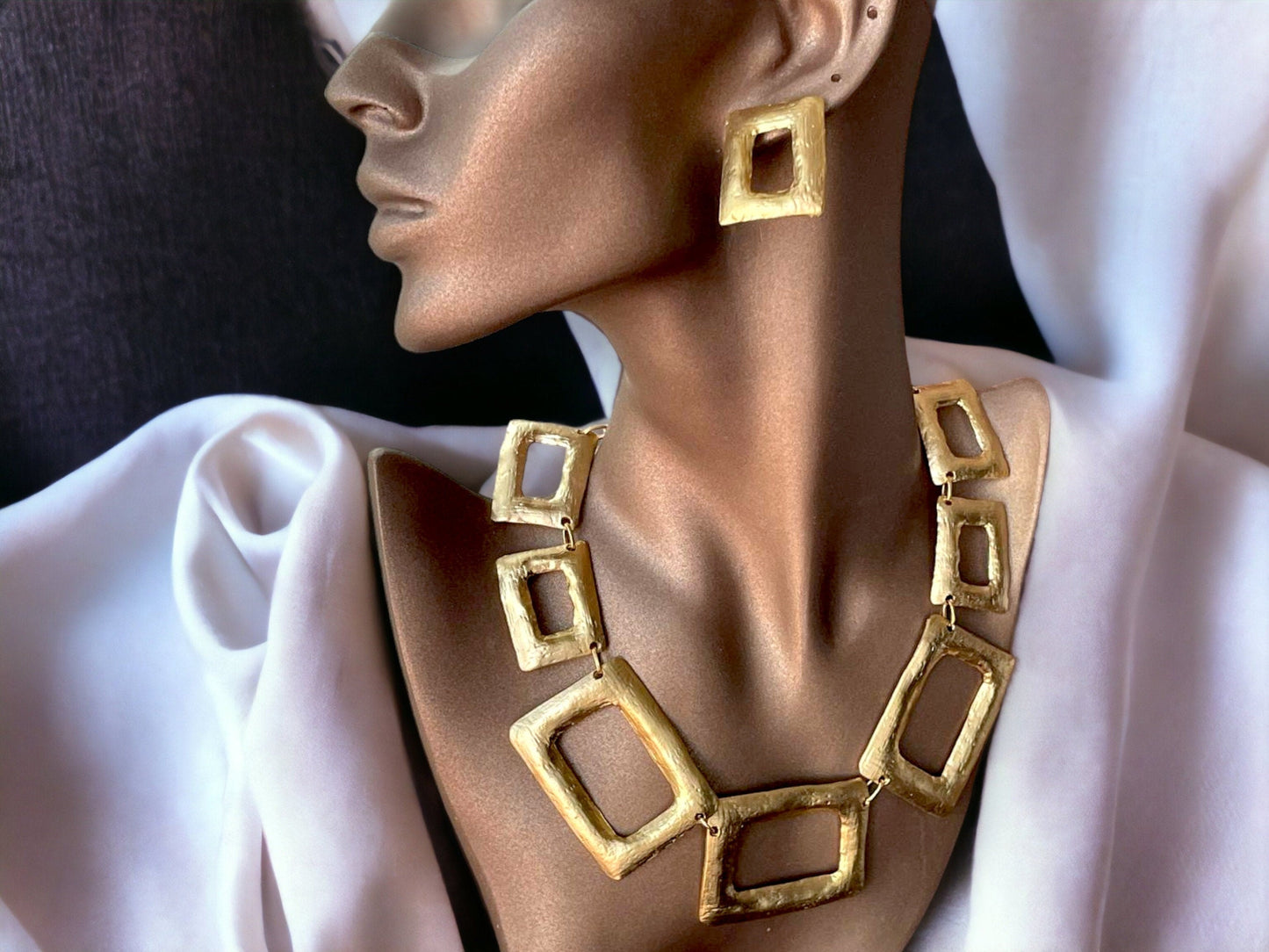 Chunky Geometric Jewelry Set - Bold Silver Gold Plated Necklace and Earrings Gift for Her