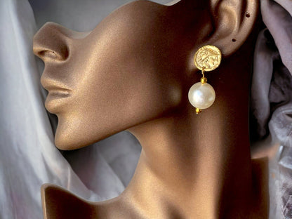 Gold Plated Pearl Dangle Earrings - Handmade Byzantine Greek Coin Drop Earrings