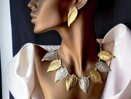 Gold Plated Leaf Necklace and Earrings Set - Modern Bohemian Jewelry Gift