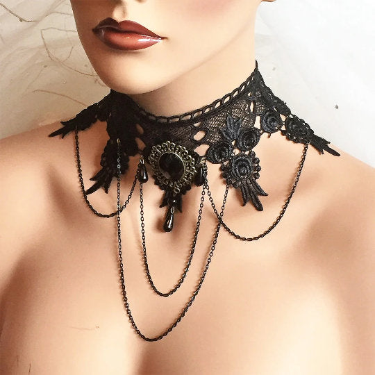 Victorian Gothic Choker Necklace - Black Lace Wedding Jewelry