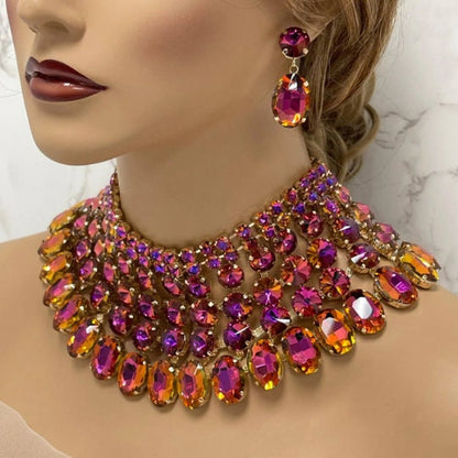 Wedding Chunky Crystal Bib Necklace Earrings Jewelry Set