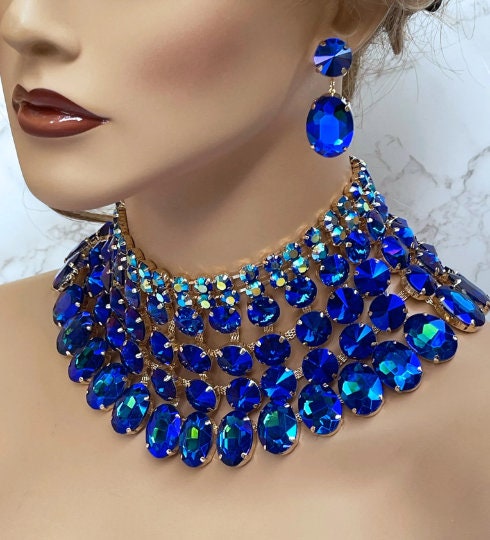 Wedding Chunky Crystal Bib Necklace Earrings Jewelry Set