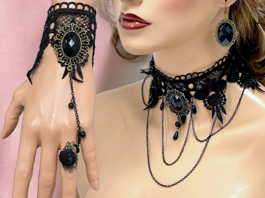 Victorian Gothic Choker Necklace - Black Lace Wedding Jewelry