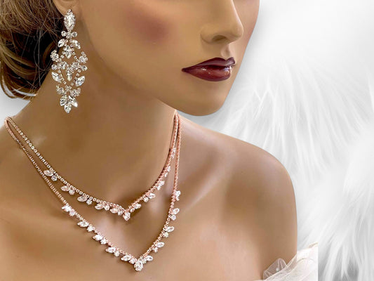 Rose Gold Bridal Jewelry Set - Layered Necklace  Drop Earrings Bridesmaid Gift Silver Plated Cubic Zircon Wedding Jewelry