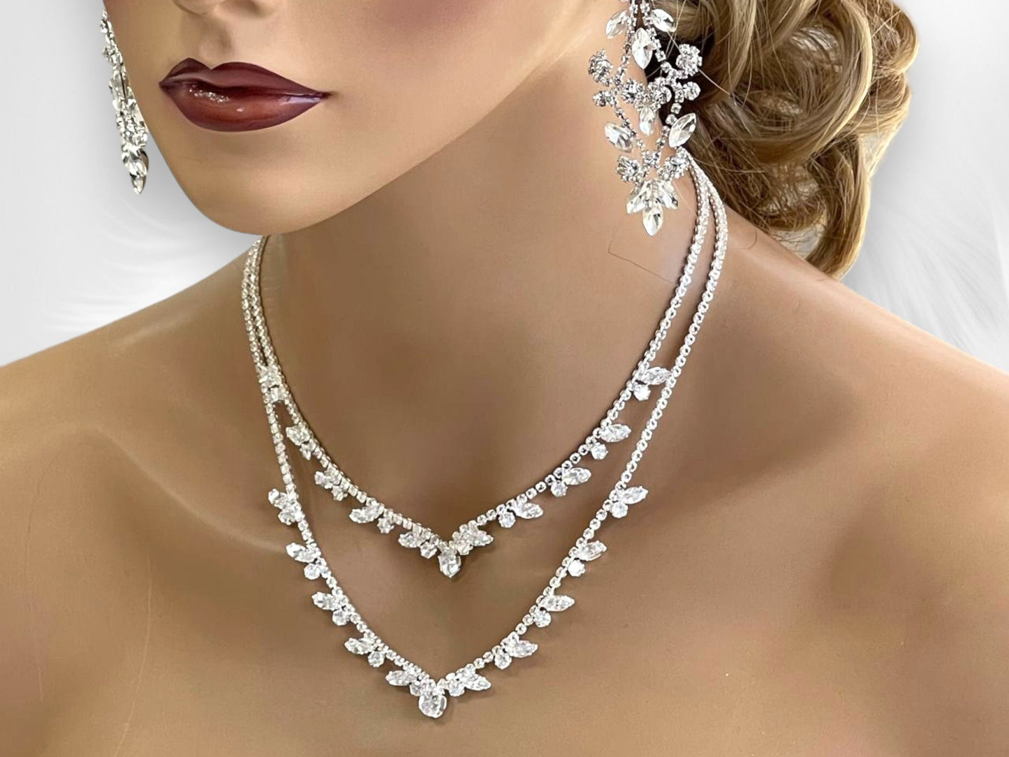 Rose Gold Bridal Jewelry Set - Layered Necklace  Drop Earrings Bridesmaid Gift Silver Plated Cubic Zircon Wedding Jewelry