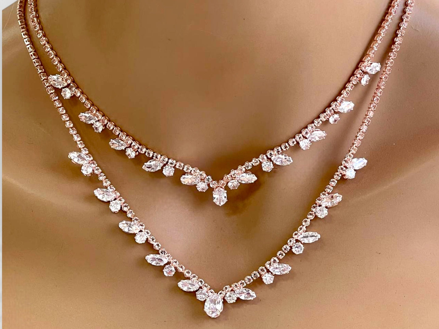 Gold Plated Two-Layer Necklace - Sparkling Cubic Zirconia Bridal Statement Jewelry