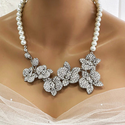 Bridal Jewelry Set - Statement Earrings and Necklace with Crystal Pearl Orchid Flowers