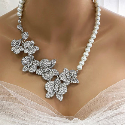 Bridal Jewelry Set - Statement Earrings and Necklace with Crystal Pearl Orchid Flowers