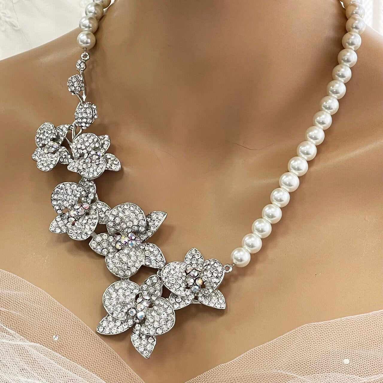 Bridal Jewelry Set - Statement Earrings and Necklace with Crystal Pearl Orchid Flowers