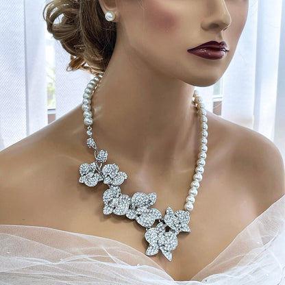 Bridal Jewelry Set - Statement Earrings and Necklace with Crystal Pearl Orchid Flowers