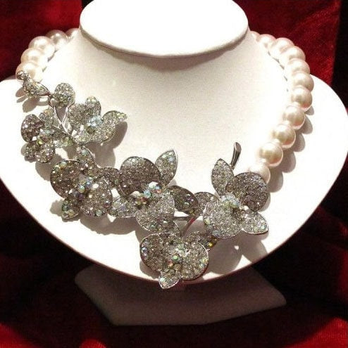 Bridal Jewelry Set - Statement Earrings and Necklace with Crystal Pearl Orchid Flowers