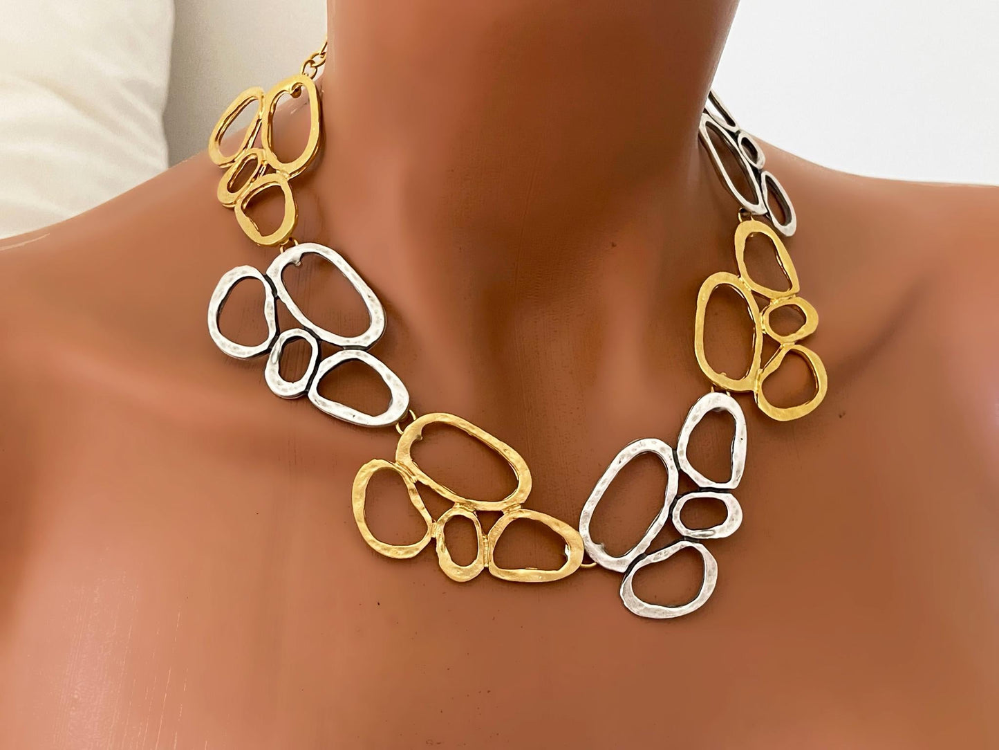 Gold Plated Chunky Necklace  Earrings Set - Two Tone Geometric Minimalist Jewelry