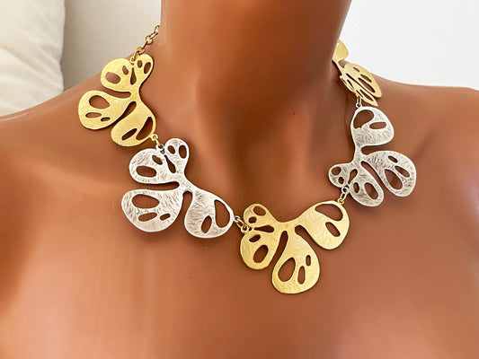 Minimalist Two Tone Gold Plated Necklace Earrings Set Chunky Jewelry Set