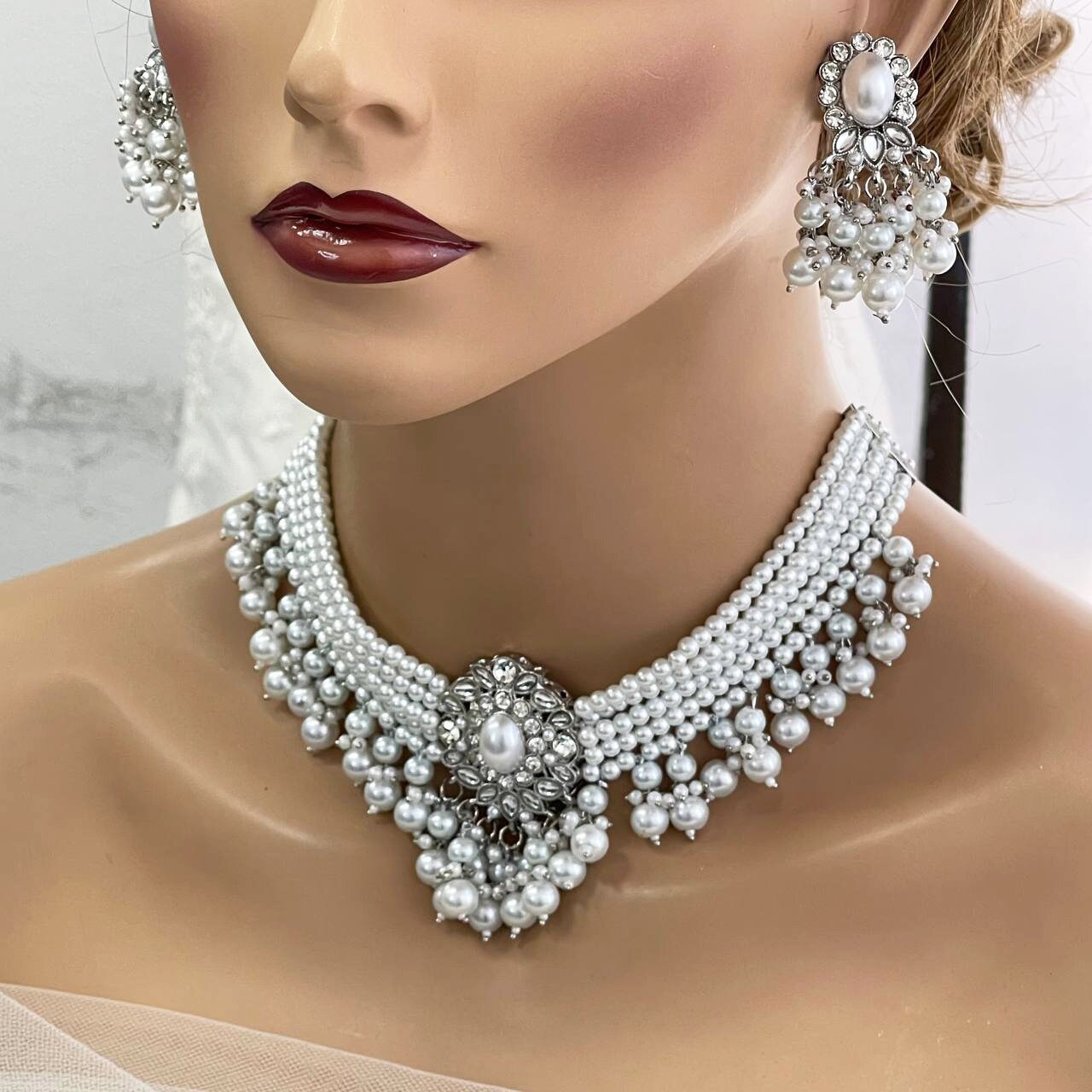 Victorian Pearl Jewelry Set - Bridal Choker Necklace  Earrings