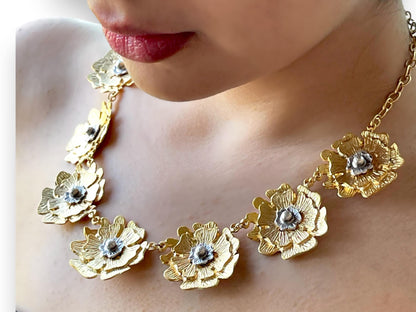 Gold Plated Flower Necklace Earrings Set - Handmade Unique Jewelry Gift for Her