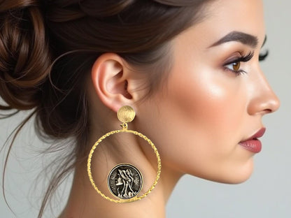 Gold Plated Roman Coin Pearl Hoop Earrings - Handmade Infinity Loop Fashion Jewelry