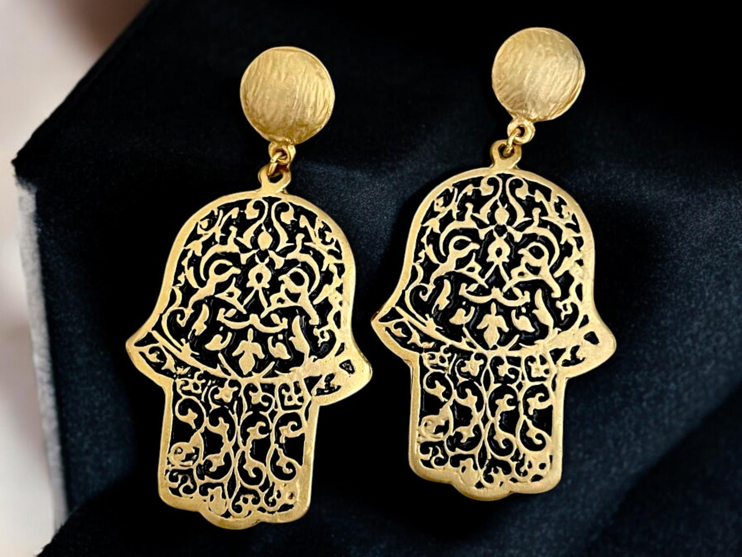 Gold-plated Turkish Dangle Earrings - Handmade Fatima Hand  Hamsa Design