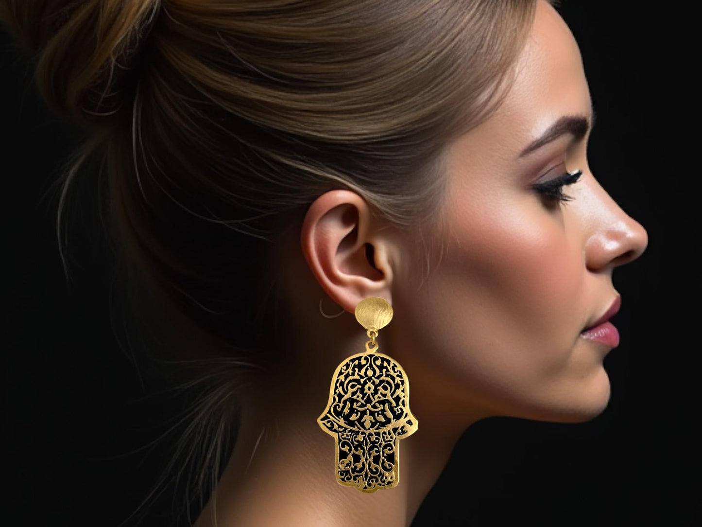 Gold-plated Turkish Dangle Earrings - Handmade Fatima Hand  Hamsa Design